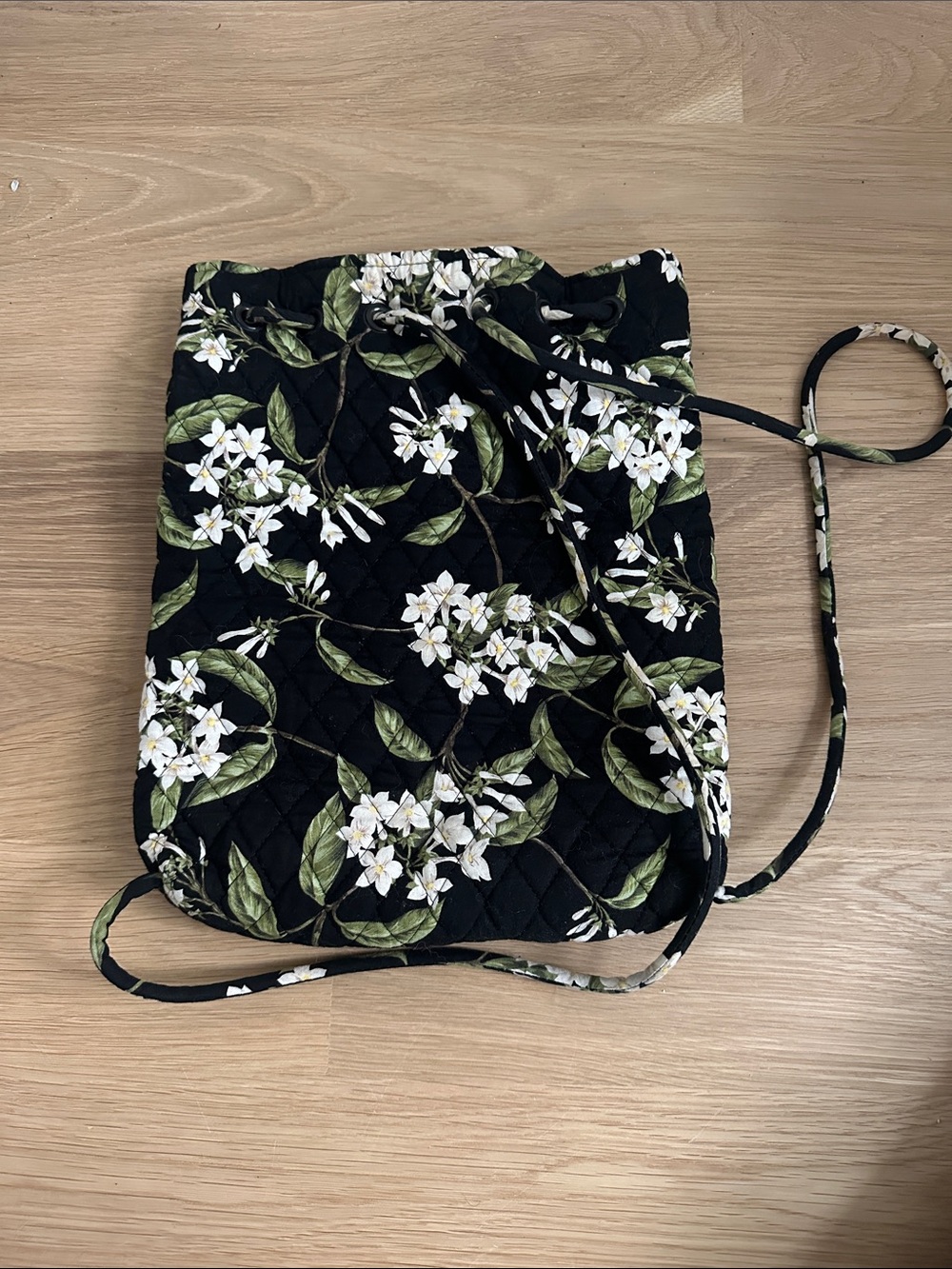Quilted Floral Drawstring Crossbody Bag - Black with White Blossoms